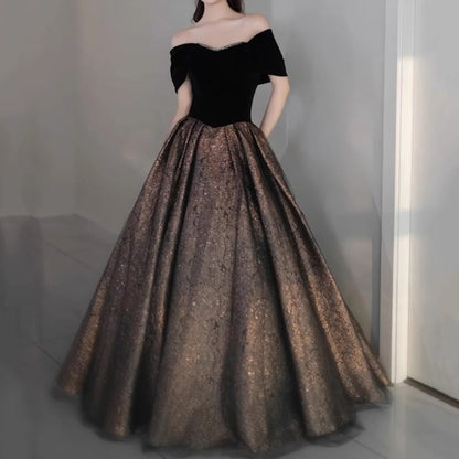 Off Shoulder Two Tone Sequin A-Line Evening Gown