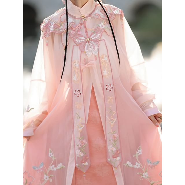 Flower Hanfu Jacket / Camisole Top / Maxi Skirt / Scarf / Set