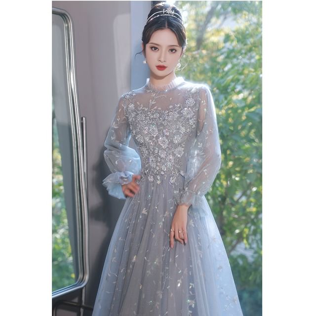 Flower Gown Puff-Sleeve Evening Sequin Embroidered A-Line