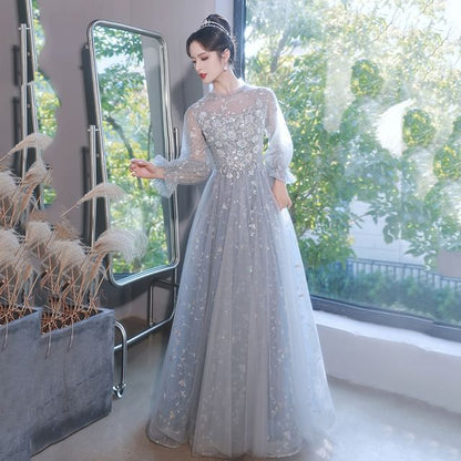 Flower Gown Puff-Sleeve Evening Sequin Embroidered A-Line