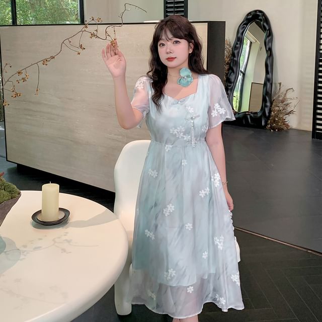 Plus Size Short-Sleeve Floral Embroidered Frog Button Midi A-Line Dress