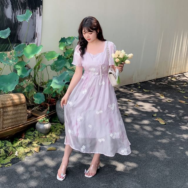 Plus Size Short-Sleeve Floral Embroidered Frog Button Midi A-Line Dress