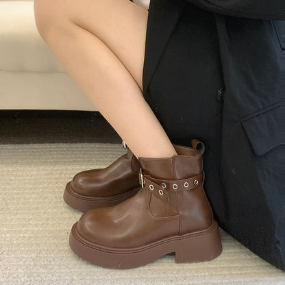 Platform Plain Grommet Buckled Faux Leather Short Boots