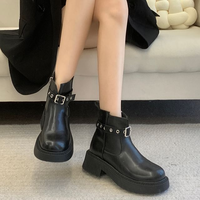 Platform Plain Grommet Buckled Faux Leather Short Boots