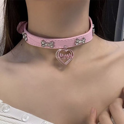 Rhinestone Heart Faux Leather Choker