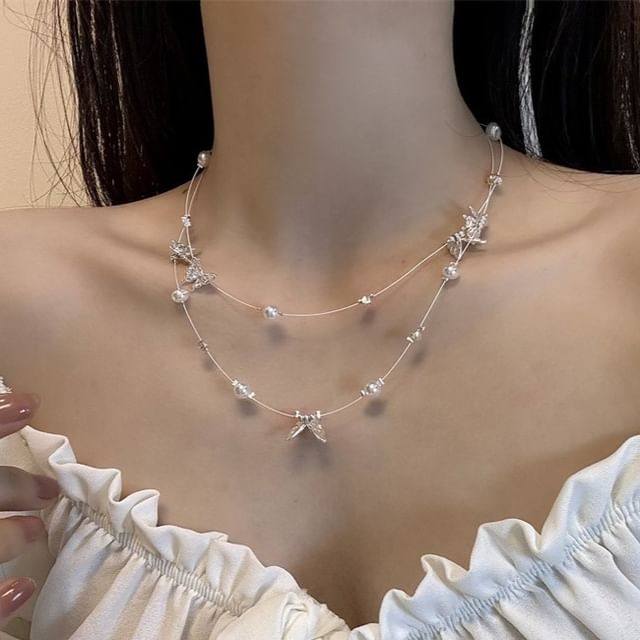 Faux Pearl Butterfly Layered Necklace
