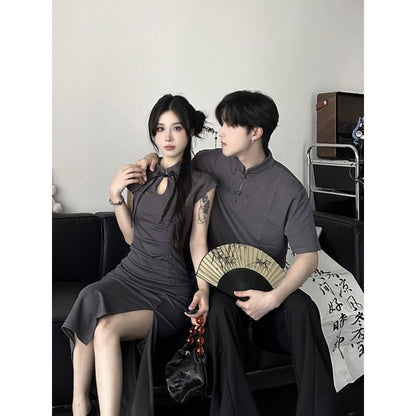 Couple Matching Cap-Sleeve Plain Cutout Ruched Frog Buttoned Slit Midi Sheath Qipao / Elbow-Sleeve Stand Collar Tee / Wide Leg Suit Pants / Set