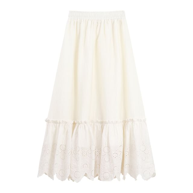 Pintuck Lace Panel Blouse with Midi A-Line Skirt