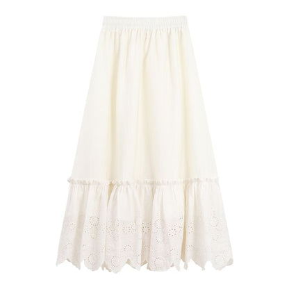 Pintuck Lace Panel Blouse with Midi A-Line Skirt