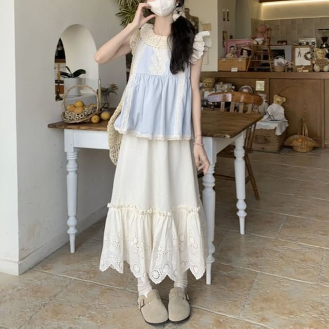 Pintuck Lace Panel Blouse with Midi A-Line Skirt