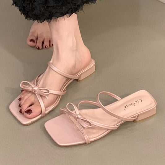 Square-Toe Bow Slide Sandals