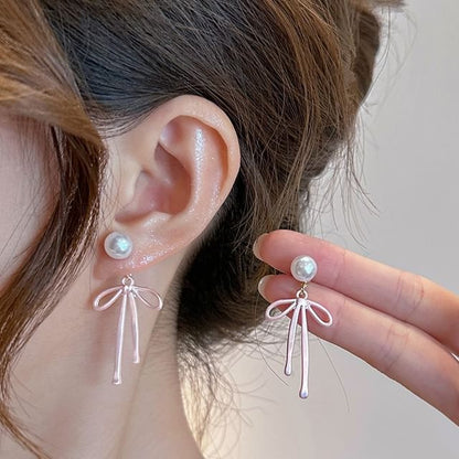 Bow Faux Pearl Alloy Drop Earring