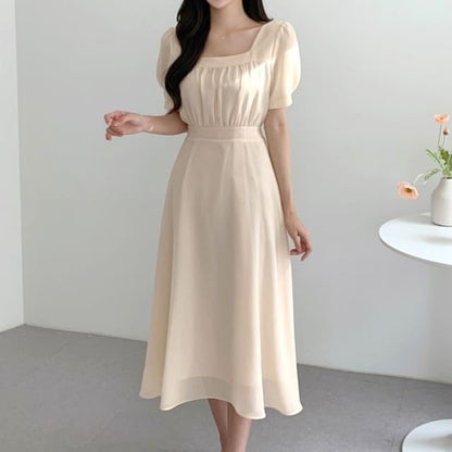 Short-Sleeve Square Neck Plain Midi A-Line Dress