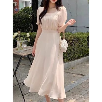 Short-Sleeve Square Neck Plain Midi A-Line Dress