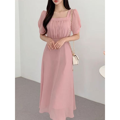Short-Sleeve Square Neck Plain Midi A-Line Dress