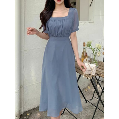 Short-Sleeve Square Neck Plain Midi A-Line Dress