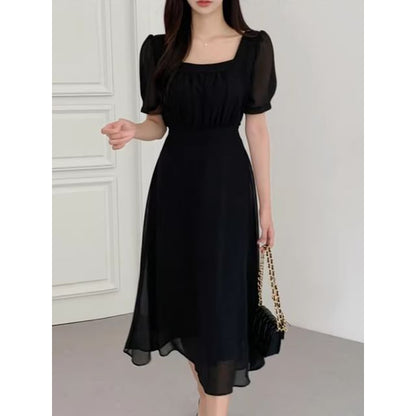 Short-Sleeve Square Neck Plain Midi A-Line Dress