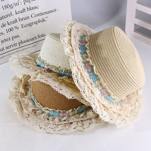 Flower Embroidered Lace Trim Boater Hat