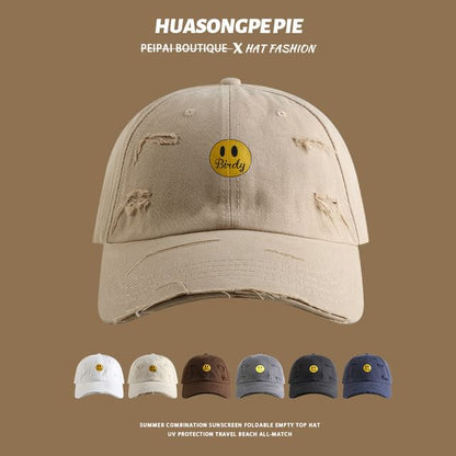Face Baseball Distressed Cap Print Smiley