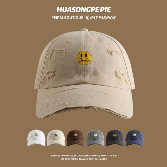 Face Baseball Distressed Cap Print Smiley