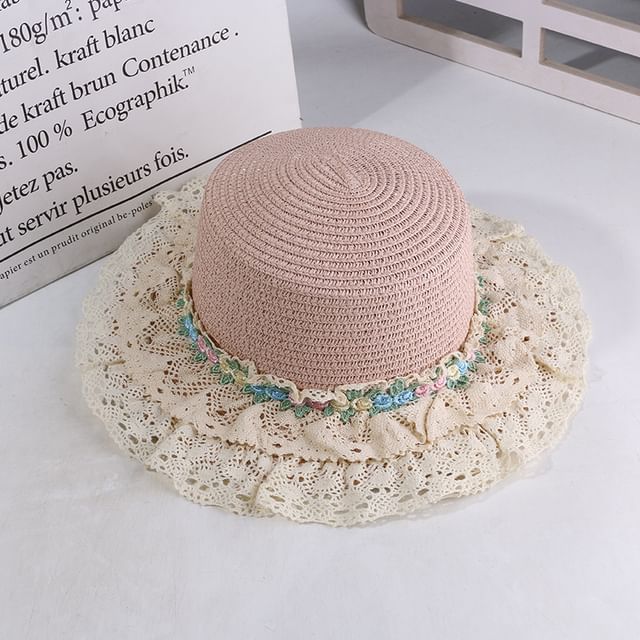Flower Embroidered Lace Trim Boater Hat