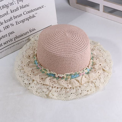 Flower Embroidered Lace Trim Boater Hat