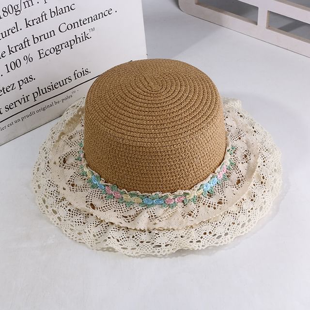 Flower Embroidered Lace Trim Boater Hat