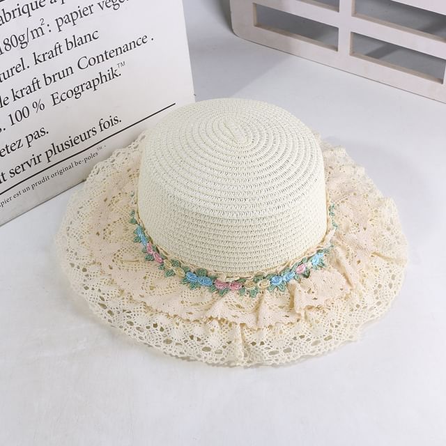 Flower Embroidered Lace Trim Boater Hat
