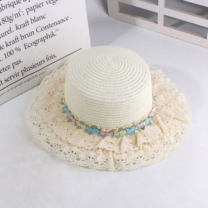 Flower Embroidered Lace Trim Boater Hat