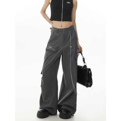 Set: Mid Waist Plain Baggy Cargo Pants + Waist Chain