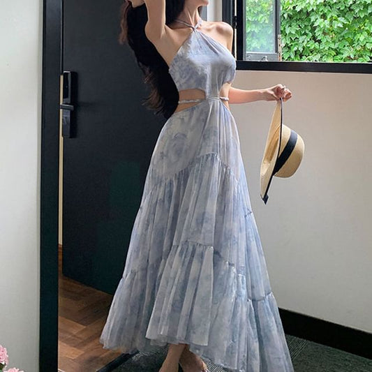 Halter Floral Cutout Maxi A-Line Dress