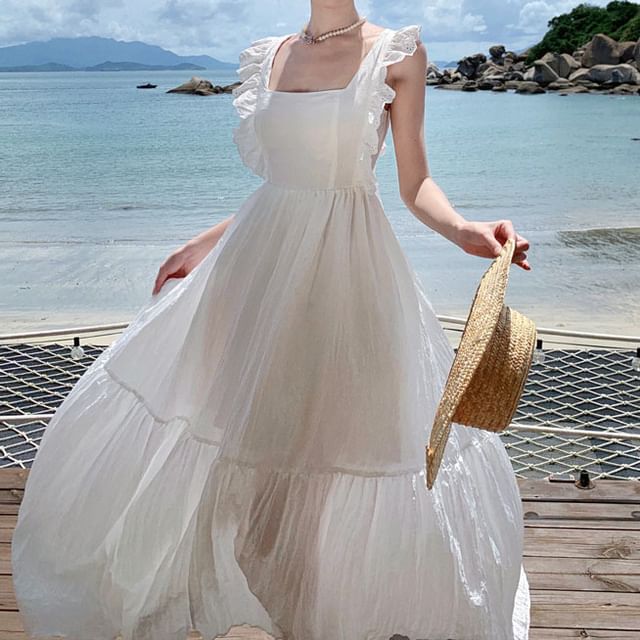 Sleeveless Plain Open Back Lace Trim Maxi A-Line Dress