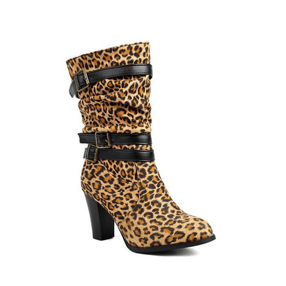 Buckled Chunky Heel Mid-Calf Boots