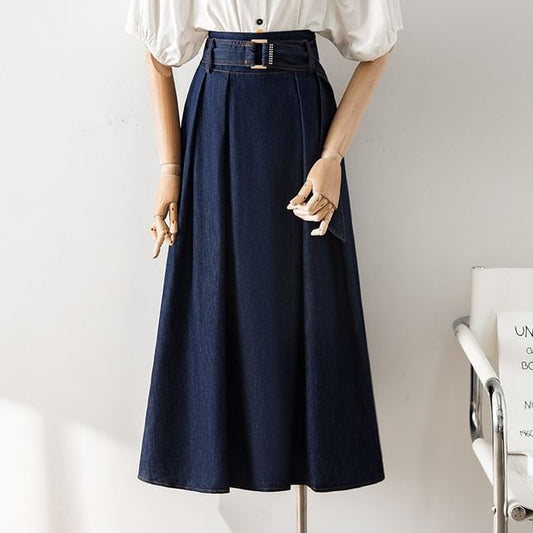 Washed Denim Pleated Midi Skirt Set with Belt