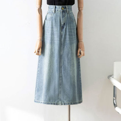 Washed Denim Slit Midi A-Line Skirt