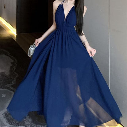 Halter Plain Side-Slit Maxi A-Line Dress