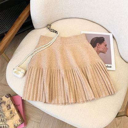 High-Rise Accordion Pleated Knit Mini A-Line Skirt
