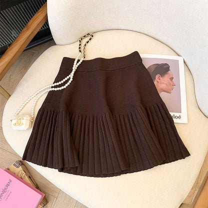 High-Rise Accordion Pleated Knit Mini A-Line Skirt