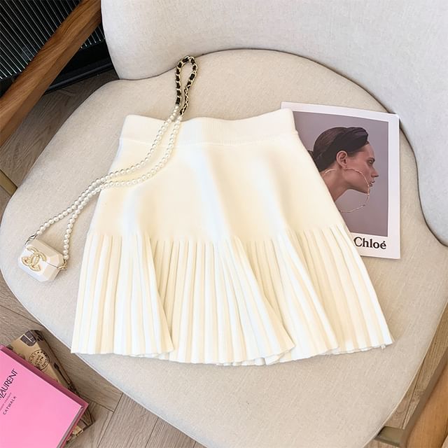 High-Rise Accordion Pleated Knit Mini A-Line Skirt