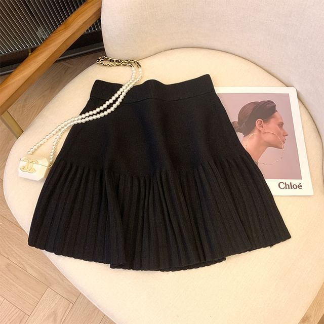 High-Rise Accordion Pleated Knit Mini A-Line Skirt