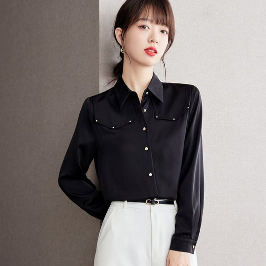 Long Sleeve Lapel Neck Plain Studded Shirt