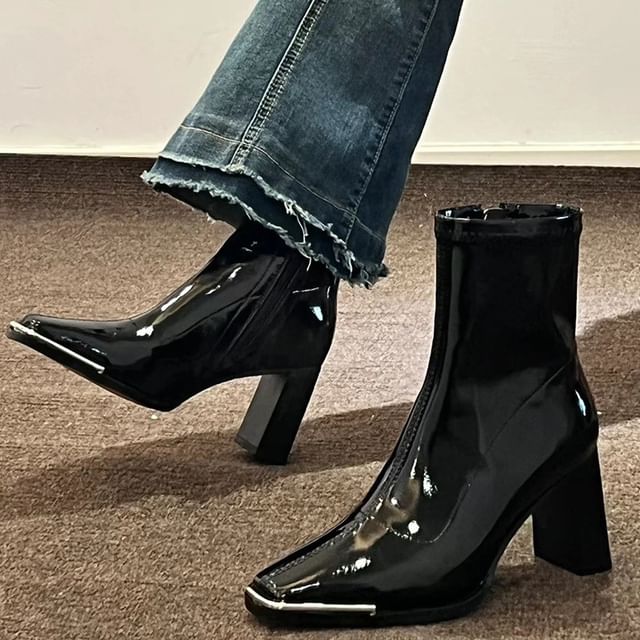 Chunky Heel Plain Zip-Up Patent Leather Short Boots