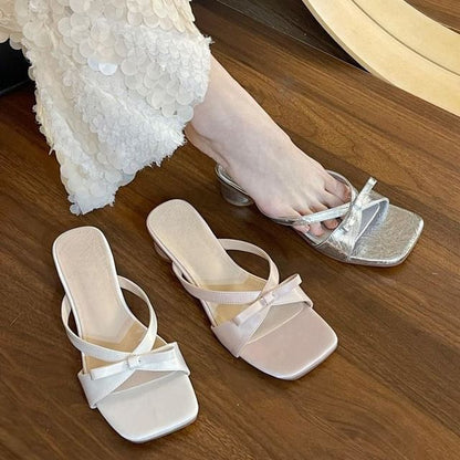 Chunky Heel Square Toe Plain Bow Accent Faux Leather Sandals