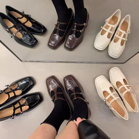 Pumps Chunky Toe Plain Mary Square Jane Heel T-Strap