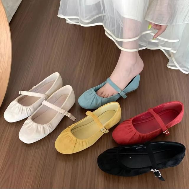 Plain Ruched Faux Suede Mary Jane Flats
