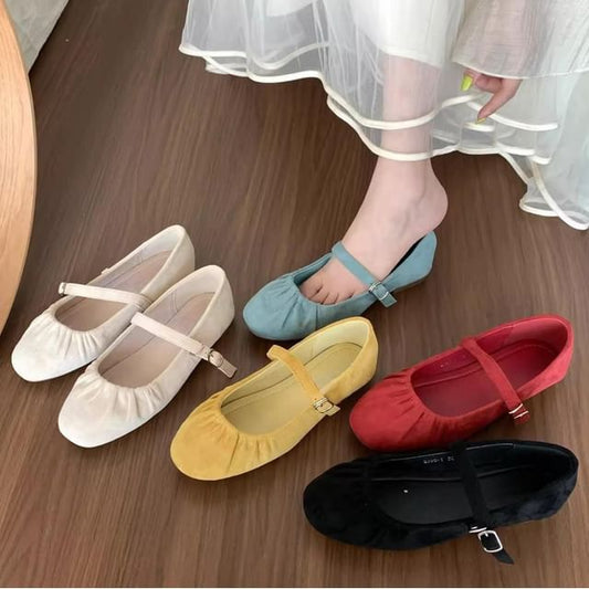 Plain Ruched Faux Suede Mary Jane Flats