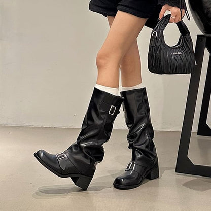 Chunky Heel Plain Buckled Faux Leather Tall Boots