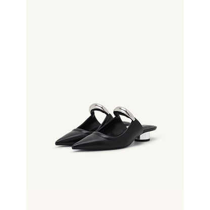 Chunky Heel Pointed Toe Metal Accent Faux Leather Mules