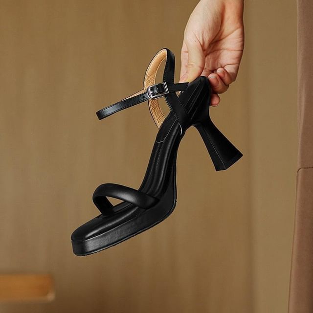 High Heel Square Toe Ankle Strap Plain Faux Leather Sandals