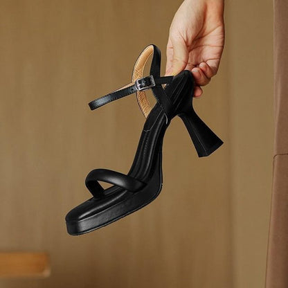 High Heel Square Toe Ankle Strap Plain Faux Leather Sandals